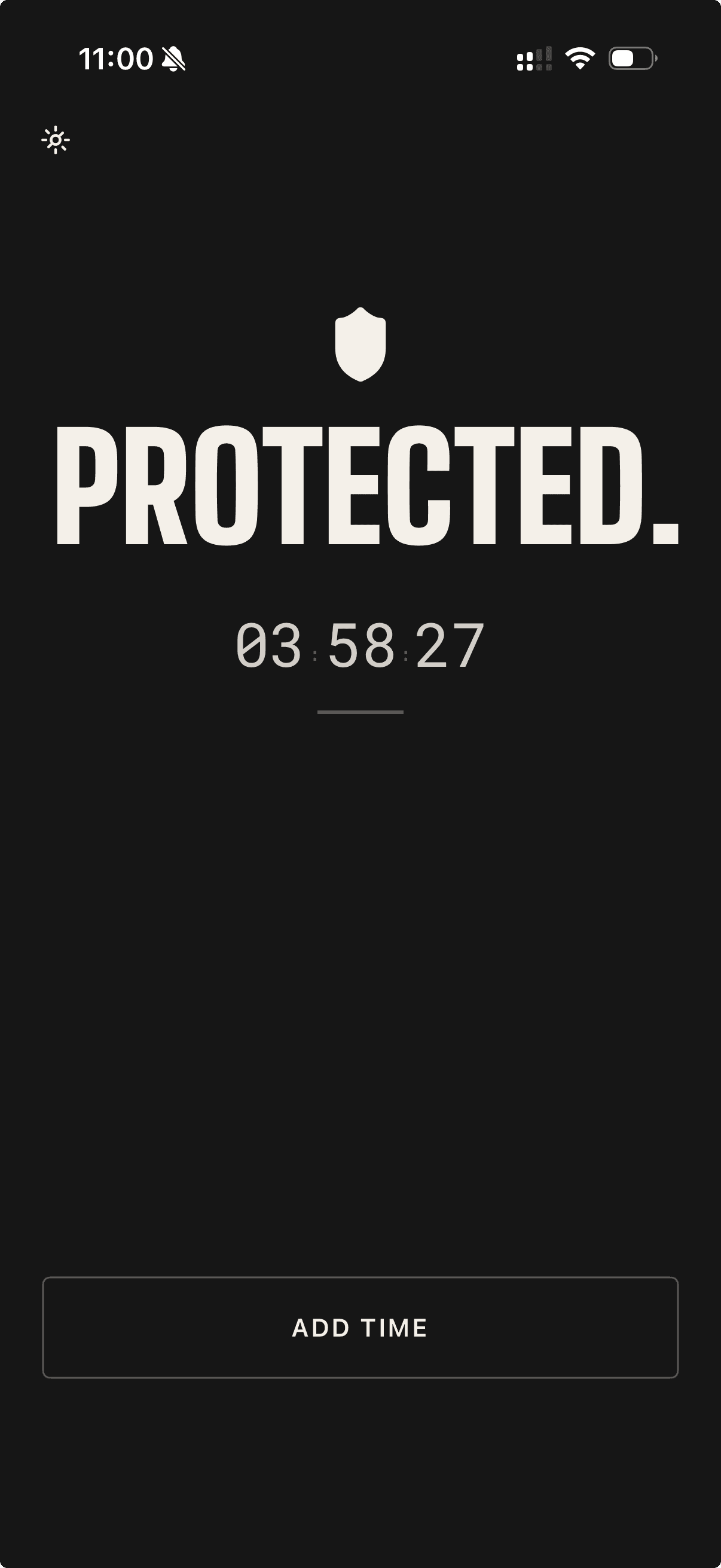 An iPhone running Untilt. The screen reads PROTECTED with 3 hours 58 minutes remaining on the wall, and an ADD TIME button at the bottom.